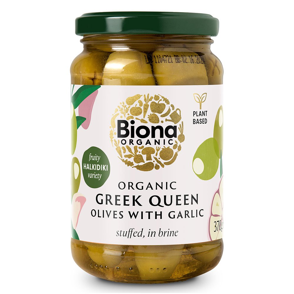 Organic Greek Queen Green Olives stuffed with garlic in brin