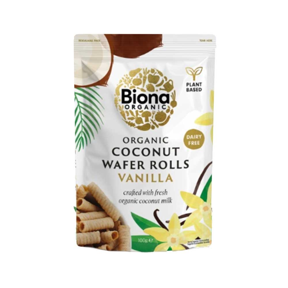 Organic Coconut Wafer Rolls Vanilla Biona 12x100g Organic Coconut Wafer Rolls Vanilla Biona 12x100g