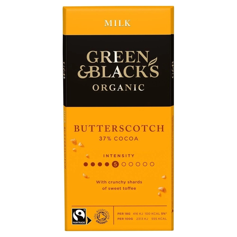 Organic Milk Chocolate with Butterscotch Bar Green & Black 15x90g Organic Milk Chocolate with Butterscotch Bar Green & Black 15x90g