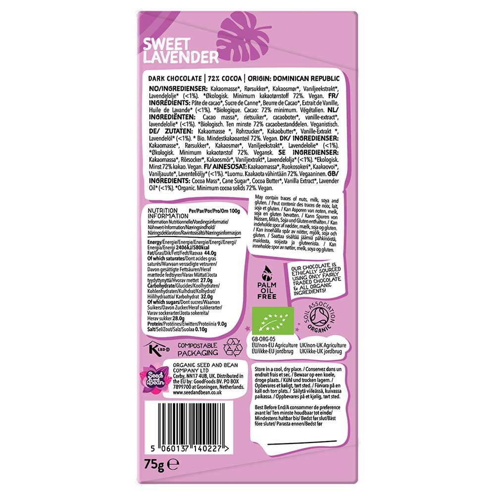 Organic Sweet Lavender Dark Chocolate Bar - 72% Seed & Bean 75g Organic Sweet Lavender Dark Chocolate Bar - 72% Seed & Bean 75g