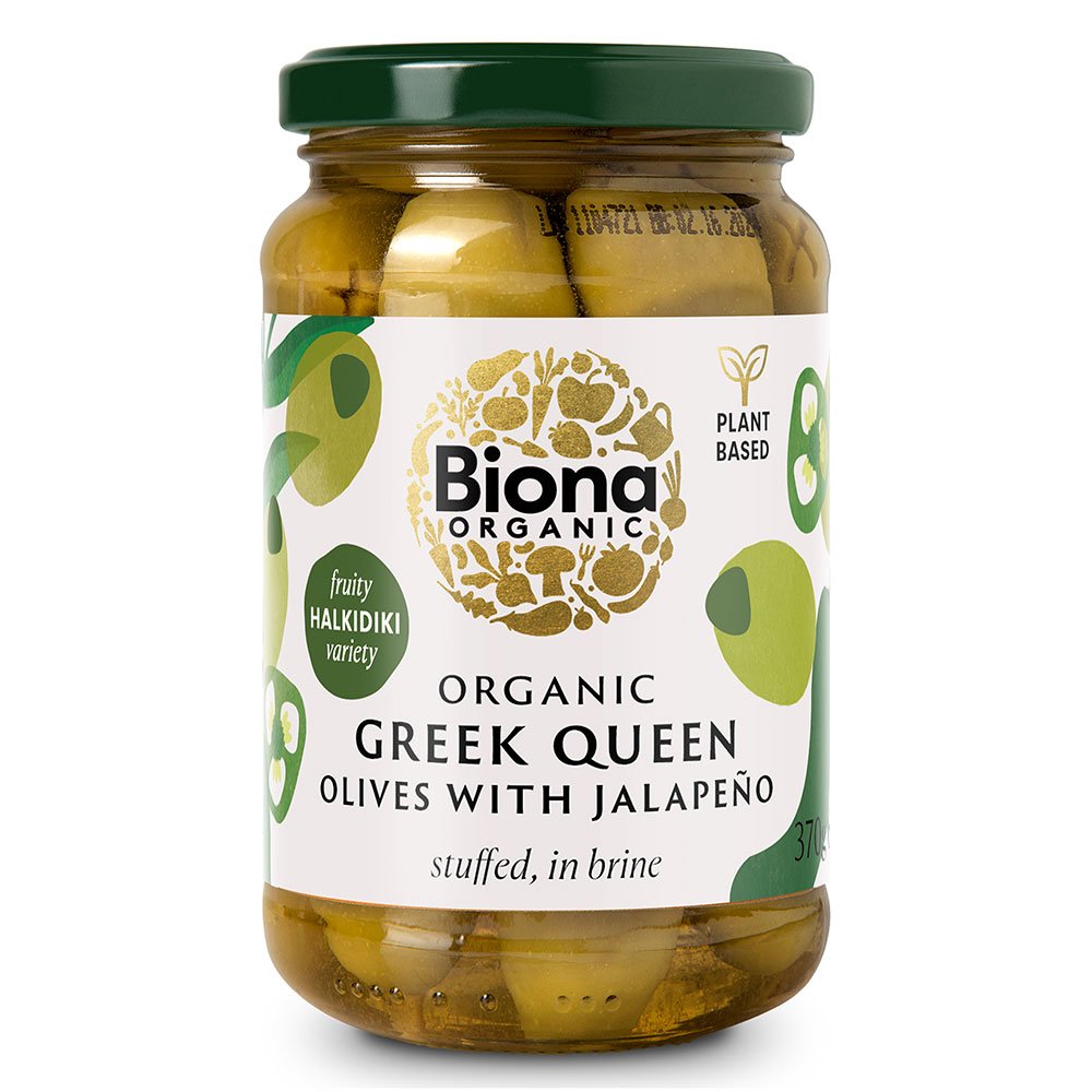 Organic Greek Queen Green Olives stuffed with jalapeno in br Organic Greek Queen Green Olives stuffed with jalapeno in br