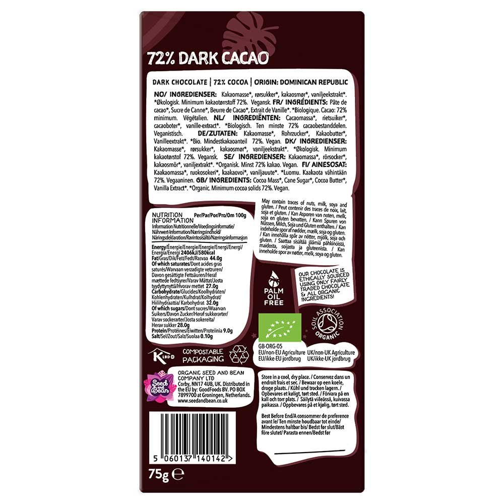 Organic Dominican Extra Dark Chocolate Bar - 72% Seed & Bean