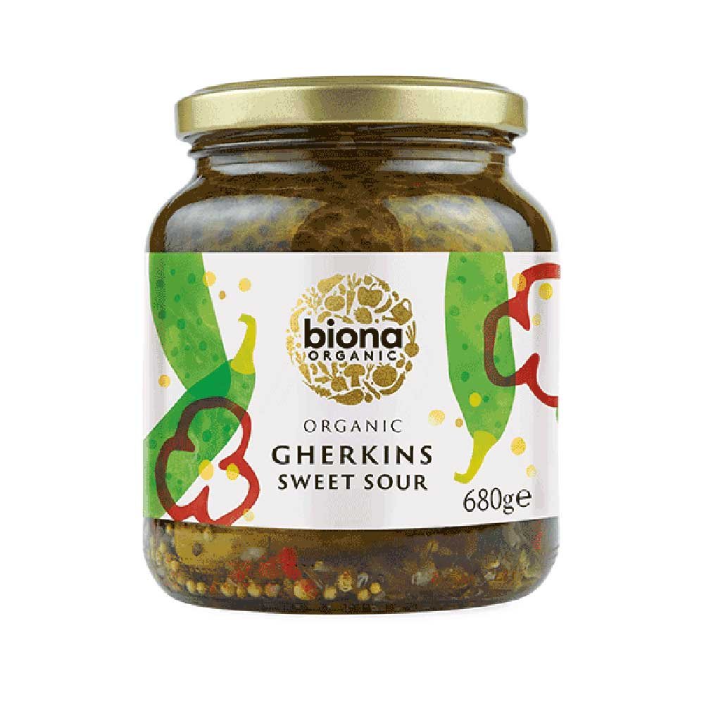Organic Gherkins Sweet Sour - large Biona 680g Organic Gherkins Sweet Sour - large Biona 680g