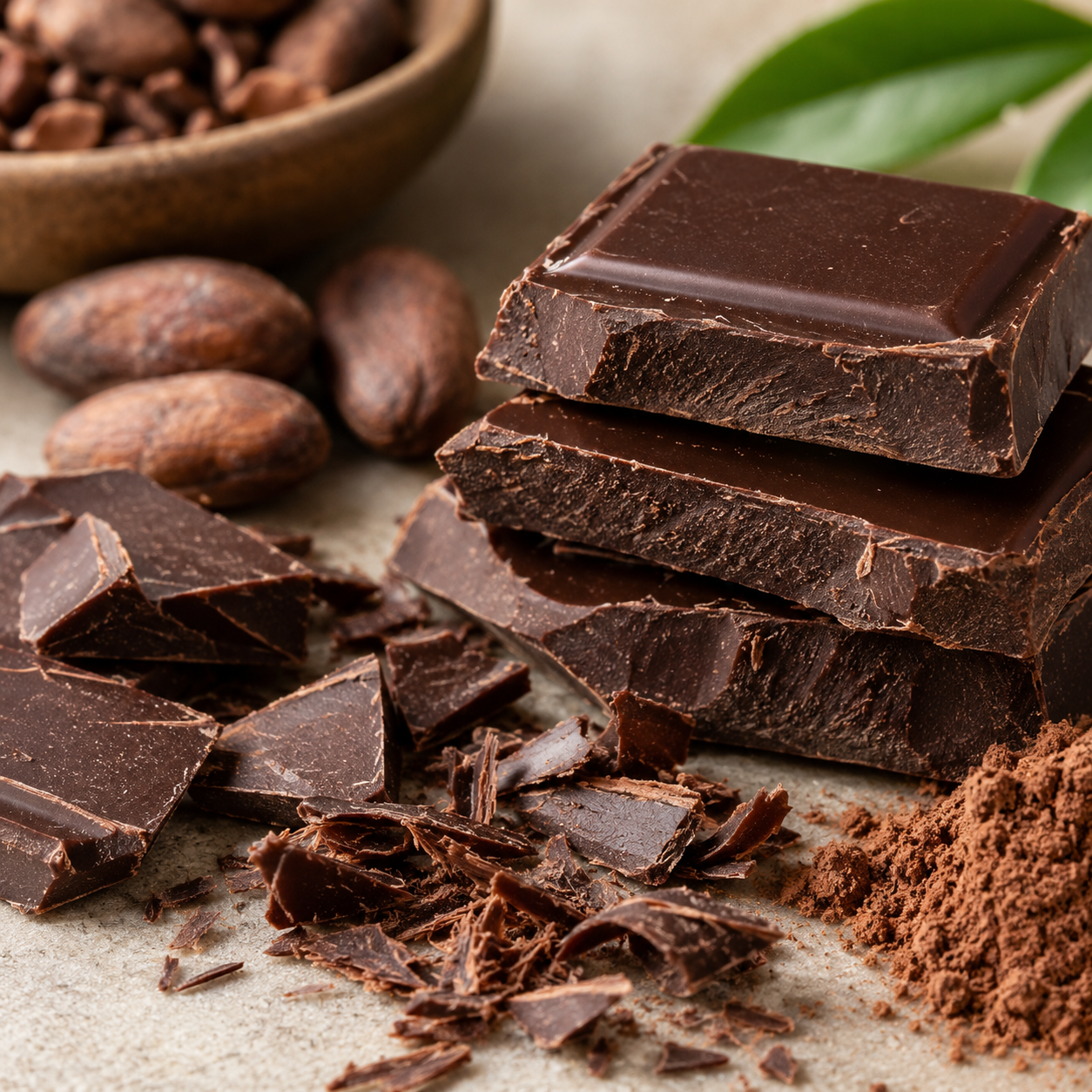 Dark chocolate pieces with cocoa beans and cocoa powder