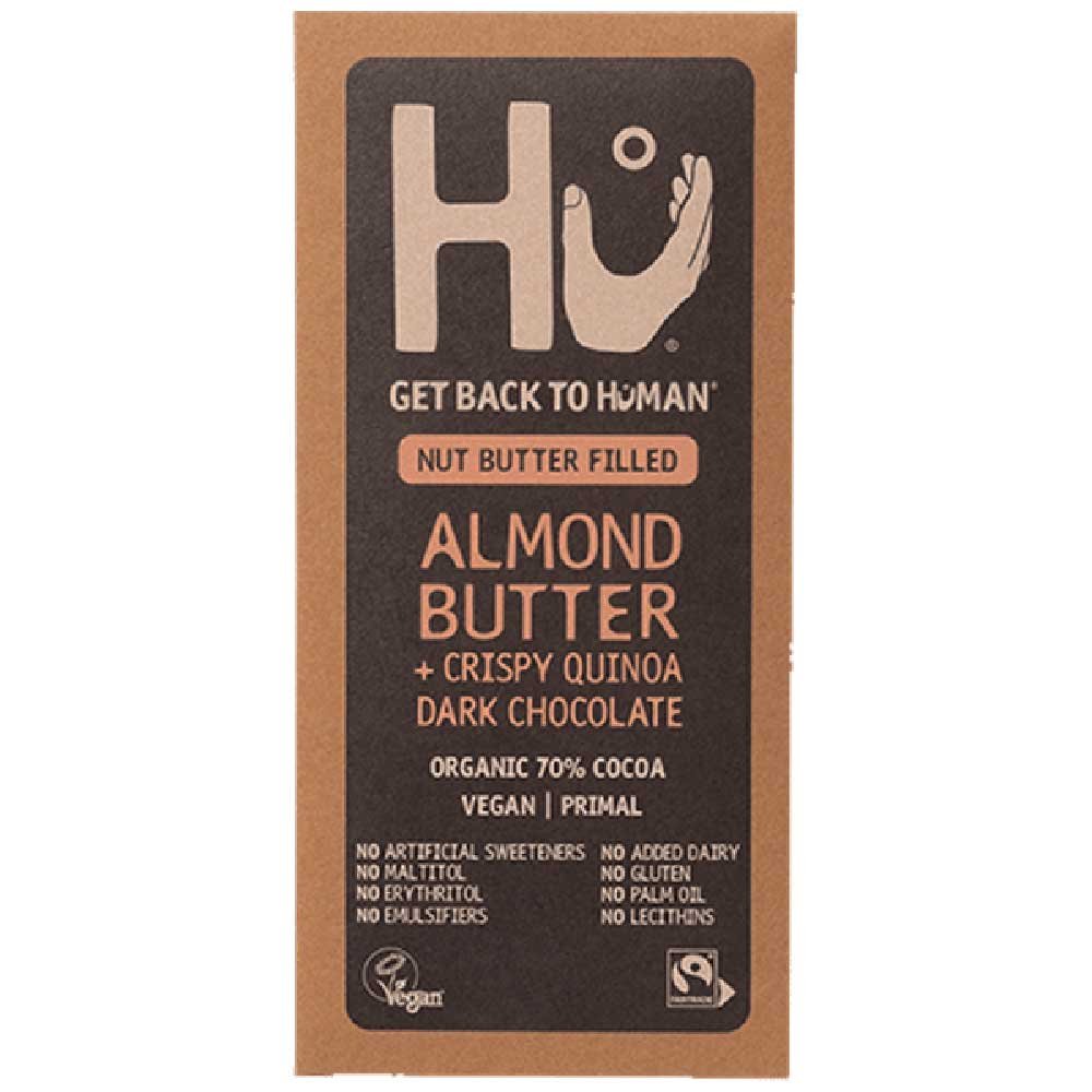 Organic Almond Butter + Crispy Quinoa Dark Choc Bar Hu 60g Organic Almond Butter + Crispy Quinoa Dark Choc Bar Hu 60g