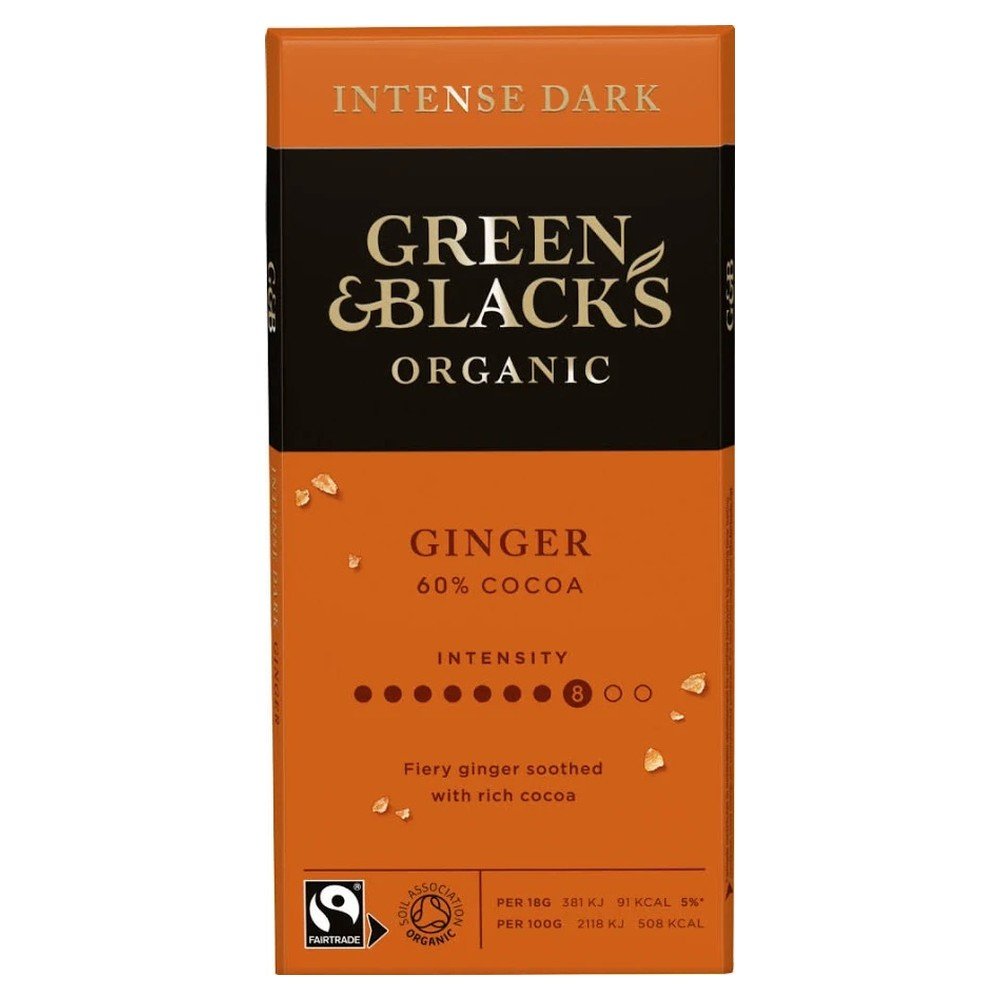 Organic Smooth Dark Ginger Chocolate Bar Green & Black 15x90g Organic Smooth Dark Ginger Chocolate Bar Green & Black 15x90g