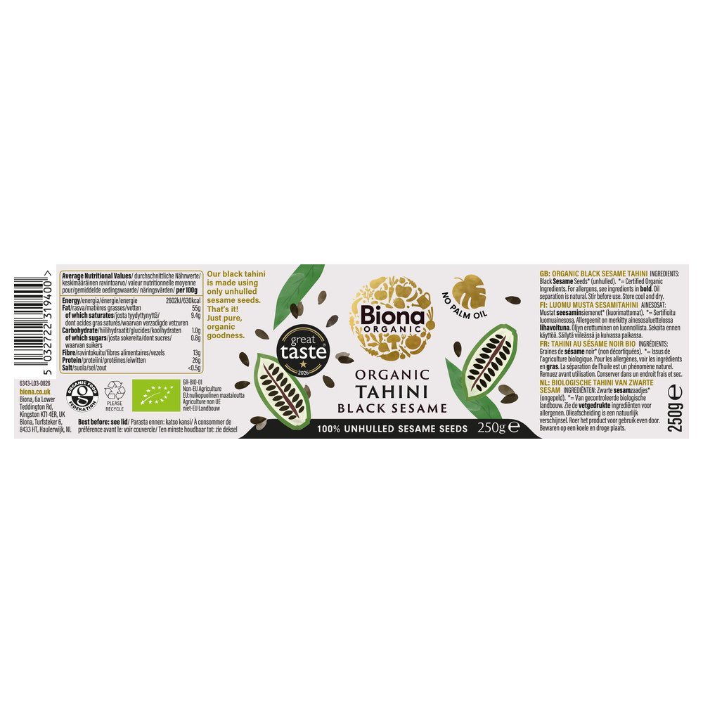 Organic Black Sesame Tahini - unsalted Biona 6x250g