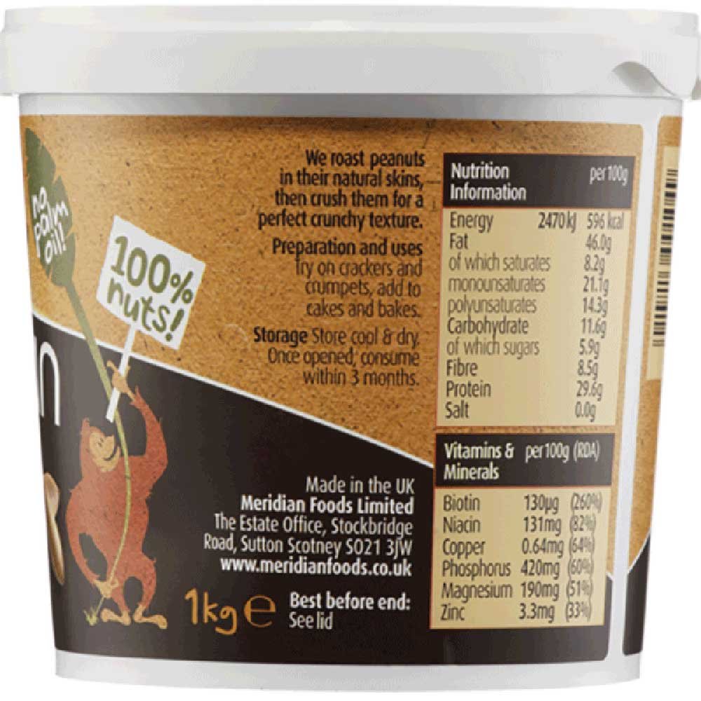 Bulk Peanut Butter Crunchy 100% - plastic Meridian 1kg Bulk Peanut Butter Crunchy 100% - plastic Meridian 1kg