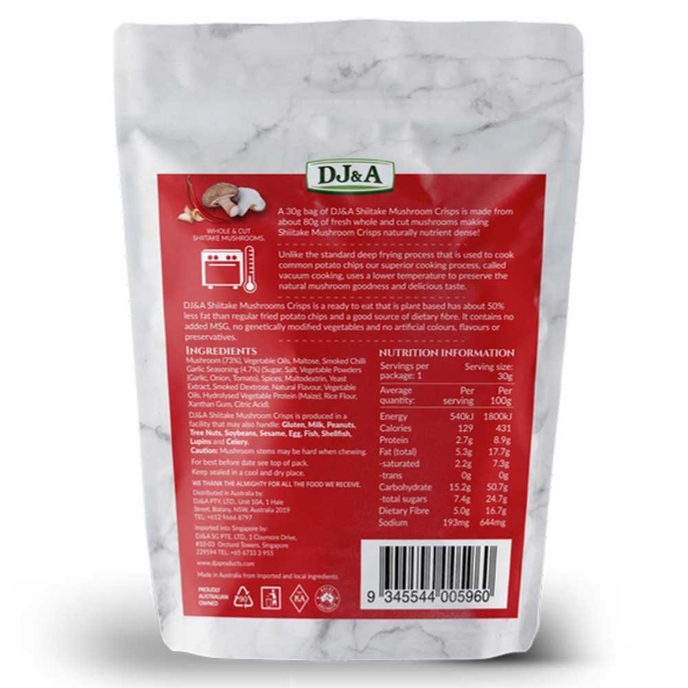 Shiitake Mushroom Crisps Smoked Chilli & Garlic DJ&A 30g Shiitake Mushroom Crisps Smoked Chilli & Garlic DJ&A 30g