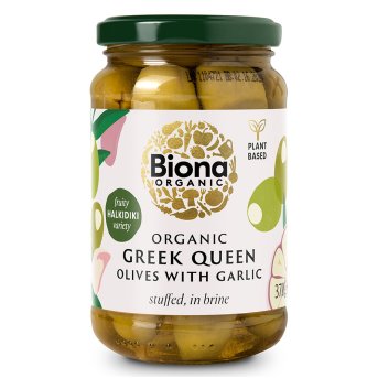 Organic Greek Queen Green Olives stuffed with garlic in brine Biona 6x370g Organic Greek Queen Green Olives stuffed with garlic in brine Biona 6x370g