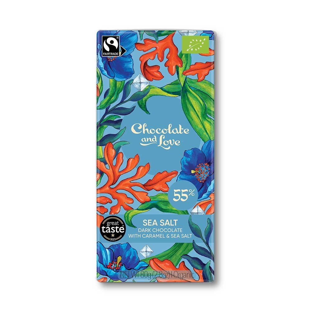 Organic Sea Salt 55% Chocolate with Caramel Chocolate and Love 14x80g