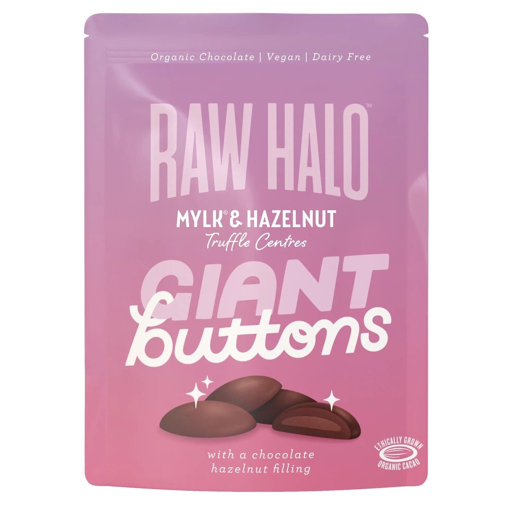 Organic Mylk & Hazelnut Giant Buttons Raw Halo 8x90g Organic Mylk & Hazelnut Giant Buttons Raw Halo 8x90g