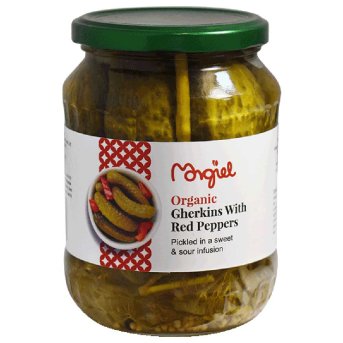 Organic Pickled Gherkins with Red Peppers Morgiel 670g Organic Pickled Gherkins with Red Peppers Morgiel 670g