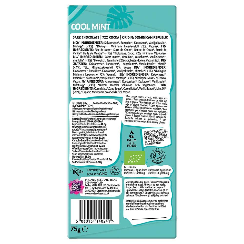 Organic Cool Mint Dark Chocolate Bar - 72% Seed & Bean 75g Organic Cool Mint Dark Chocolate Bar - 72% Seed & Bean 75g