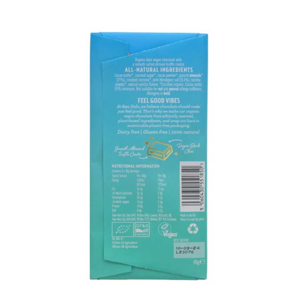 Organic Dark & Salted Almond Truffle Centre Bar Raw Halo 90g