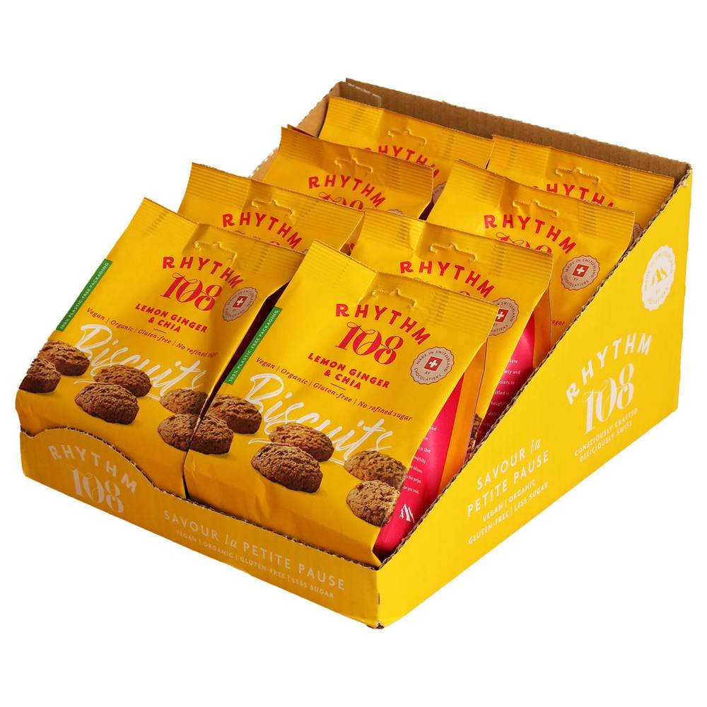 Organic Lemon Ginger & Chia Biscuit Share Bag Rhythm 108 8x135g Organic Lemon Ginger & Chia Biscuit Share Bag Rhythm 108 8x135g