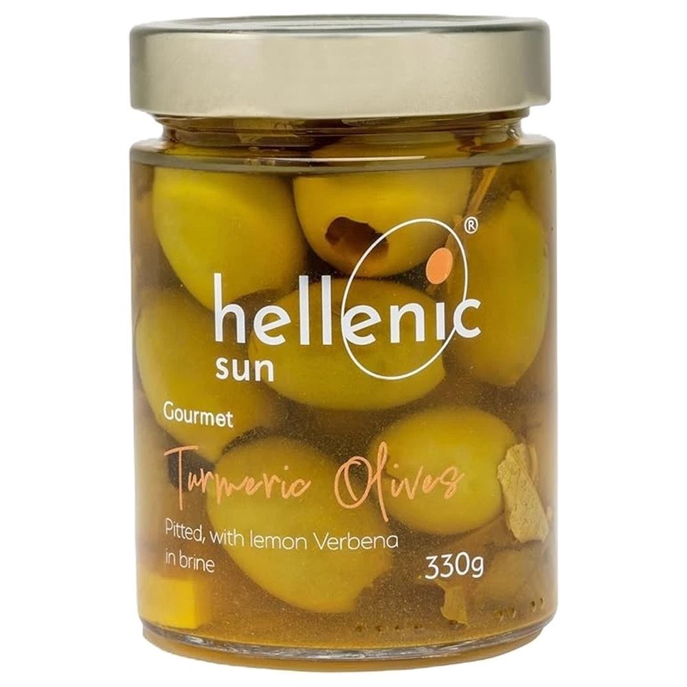 Turmeric Olives with Lemon Verbena - pitted in brine Hellenic Sun 6x330g Turmeric Olives with Lemon Verbena - pitted in brine Hellenic Sun 6x330g