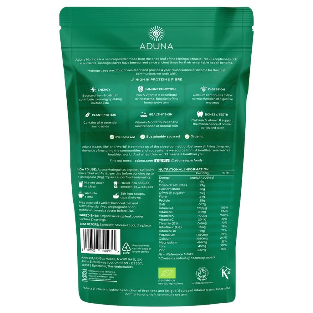 Organic Moringa Green Superleaf Powder - pouch - single Aduna 1x275g Organic Moringa Green Superleaf Powder - pouch - single Aduna 1x275g