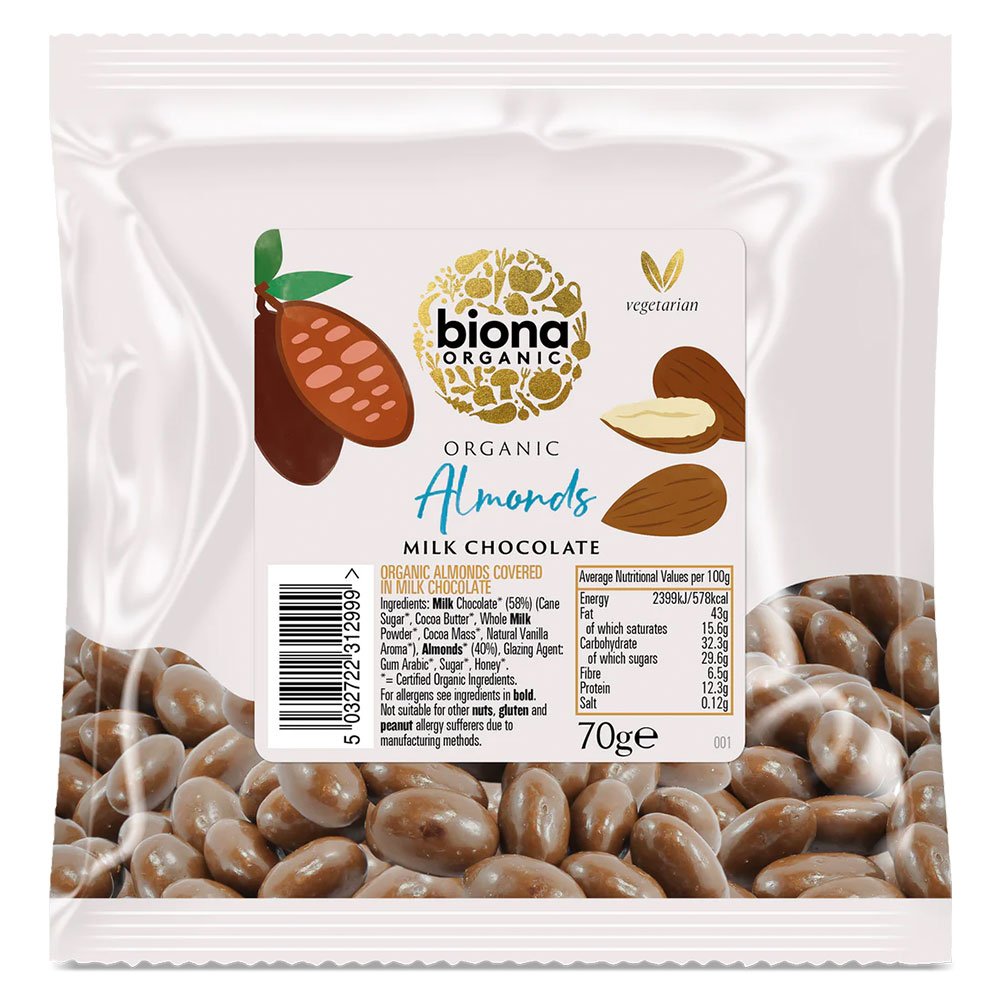 Organic Milk Chocolate covered Almonds Biona 70g Organic Milk Chocolate covered Almonds Biona 70g