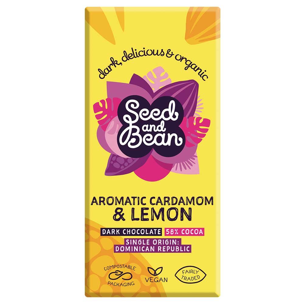 Organic Aromatic Cardamon & Lemon Dark Chocolate Bar - 58% Seed & Bean 75g