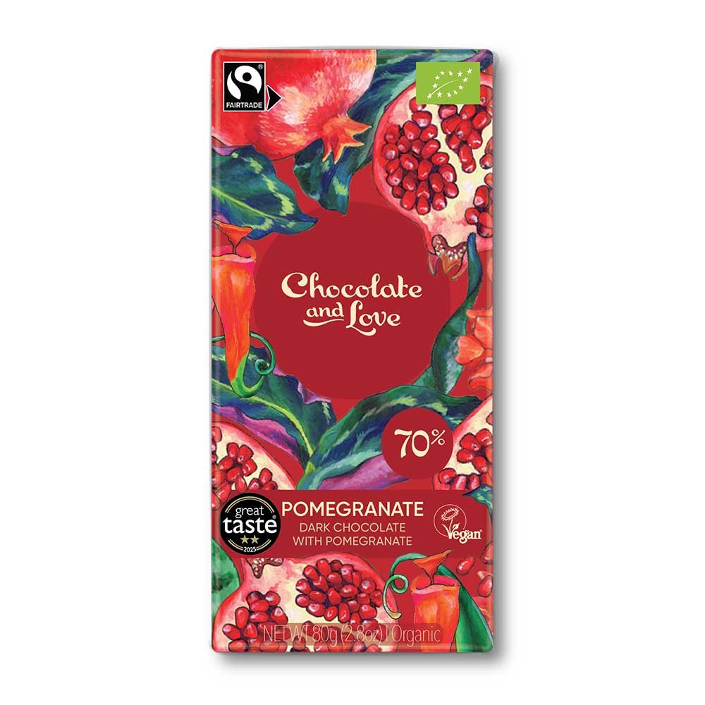 Organic Pomegranate - Dark Chocolate 70% Chocolate and Love 14x80g