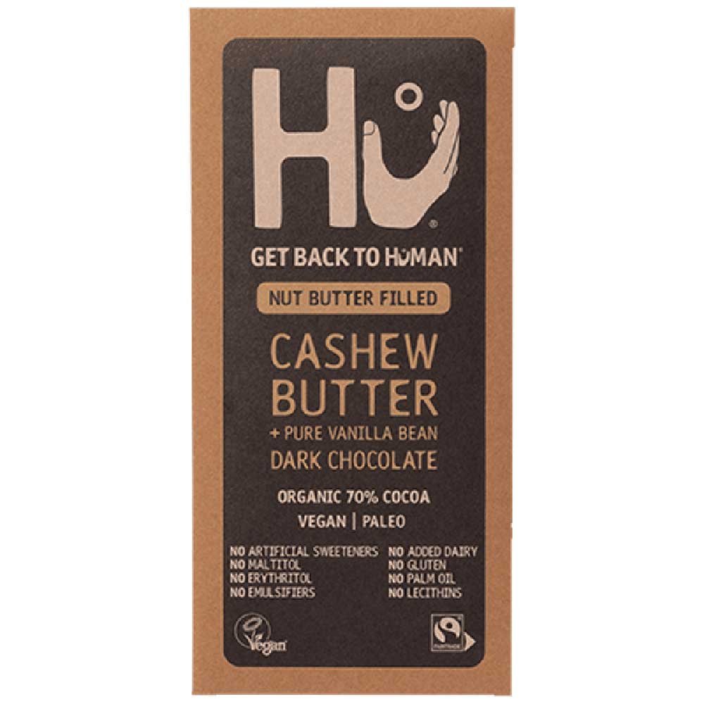 Organic Cashew Butter + Pure Vanilla Dark Choc Bar Hu 60g Organic Cashew Butter + Pure Vanilla Dark Choc Bar Hu 60g