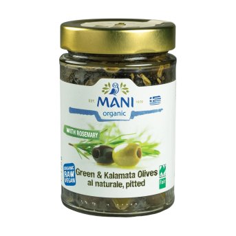 Organic Mixed pitted olives al naturale with rosemary Mani 6x175g Organic Mixed pitted olives al naturale with rosemary Mani 6x175g