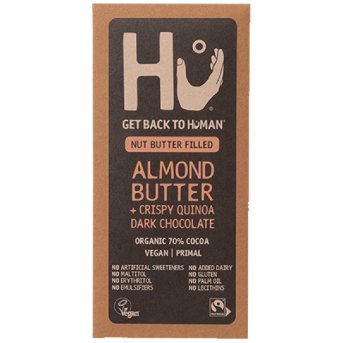 Organic Almond Butter + Crispy Quinoa Dark Choc Bar Hu 60g Organic Almond Butter + Crispy Quinoa Dark Choc Bar Hu 60g
