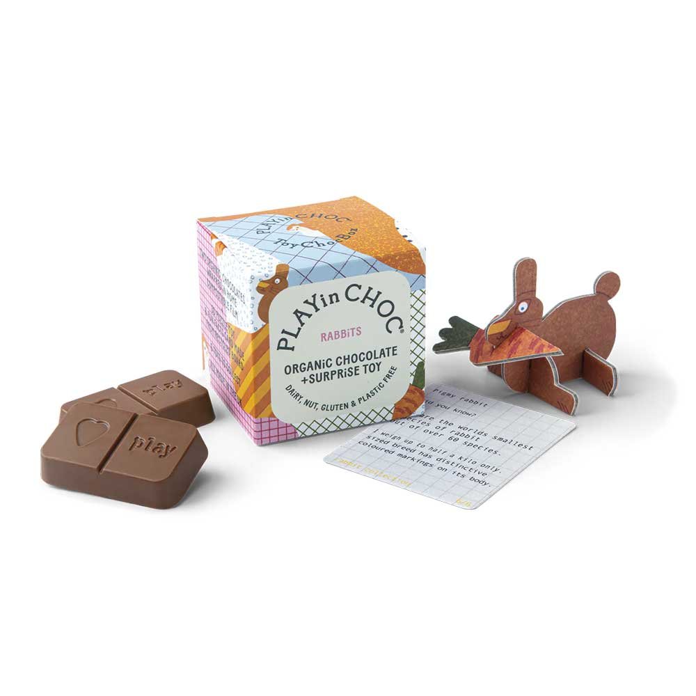 Organic Rabbits 3d puzzle toy with chocolate PLAYin CHOC 50g Organic Rabbits 3d puzzle toy with chocolate PLAYin CHOC 50g