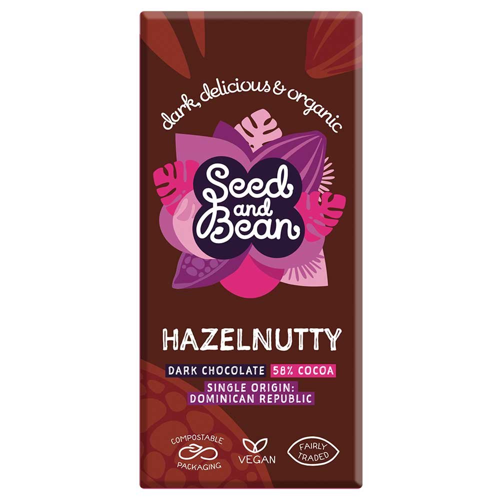 Organic Hazelnutty Dark Chocolate Bar - 58% Seed & Bean 75g Organic Hazelnutty Dark Chocolate Bar - 58% Seed & Bean 75g