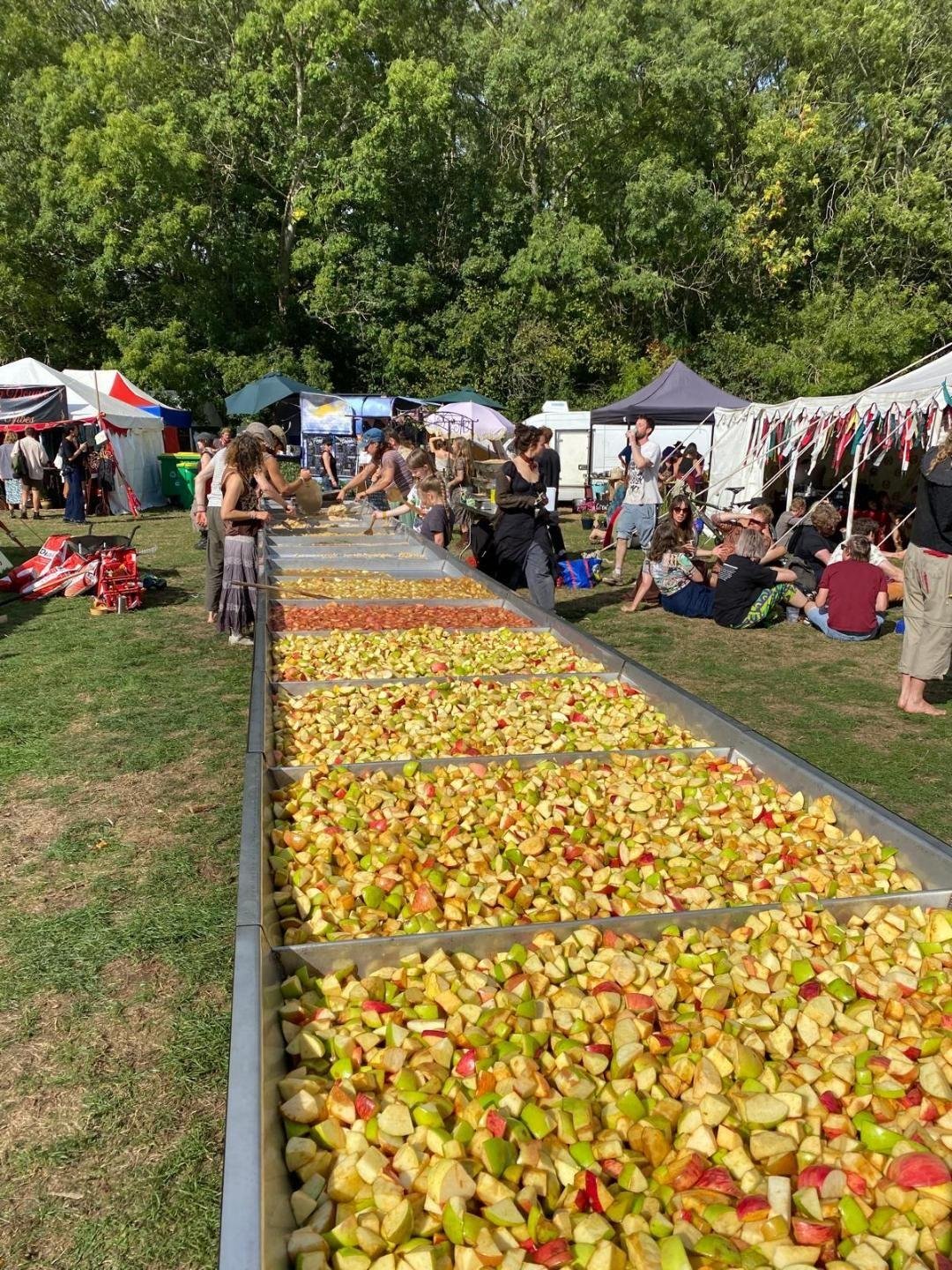 Festival-goers gathered around the world's biggest apple crumble at Ferally Good Festival near Glastonbury