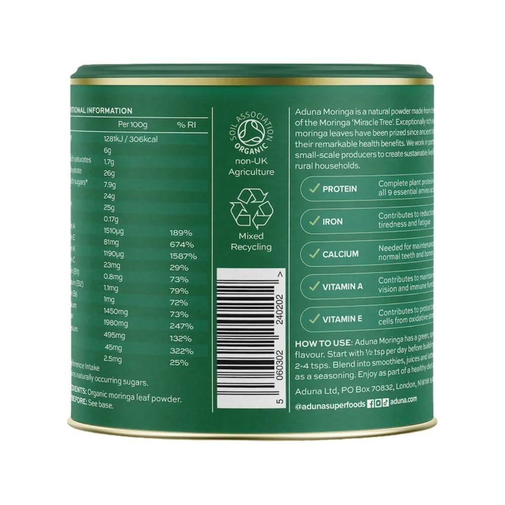 Organic Moringa Green Superleaf Powder - tub - single Aduna 1x100g