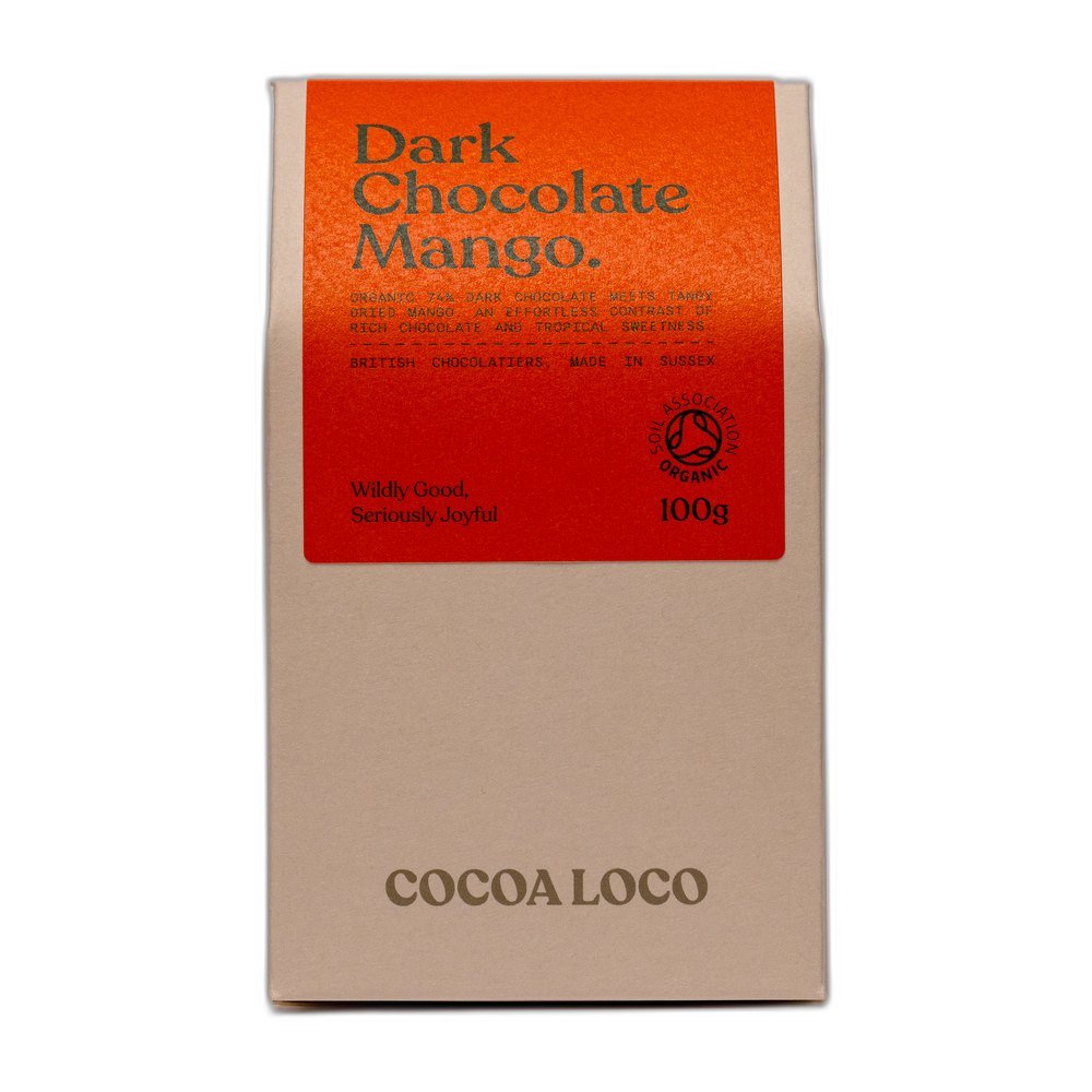 Organic 73% Dark Chocolate Dipped Mango Cocoa Loco 6x110g Organic 73% Dark Chocolate Dipped Mango Cocoa Loco 6x110g