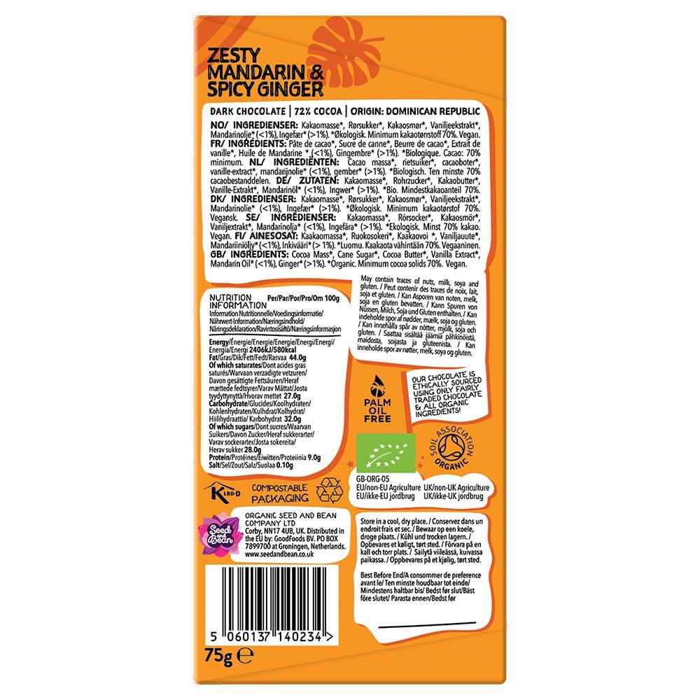 Organic Zesty Mandarin & Spicy Ginger Dark Choc Bar - 72% Se Organic Zesty Mandarin & Spicy Ginger Dark Choc Bar - 72% Se