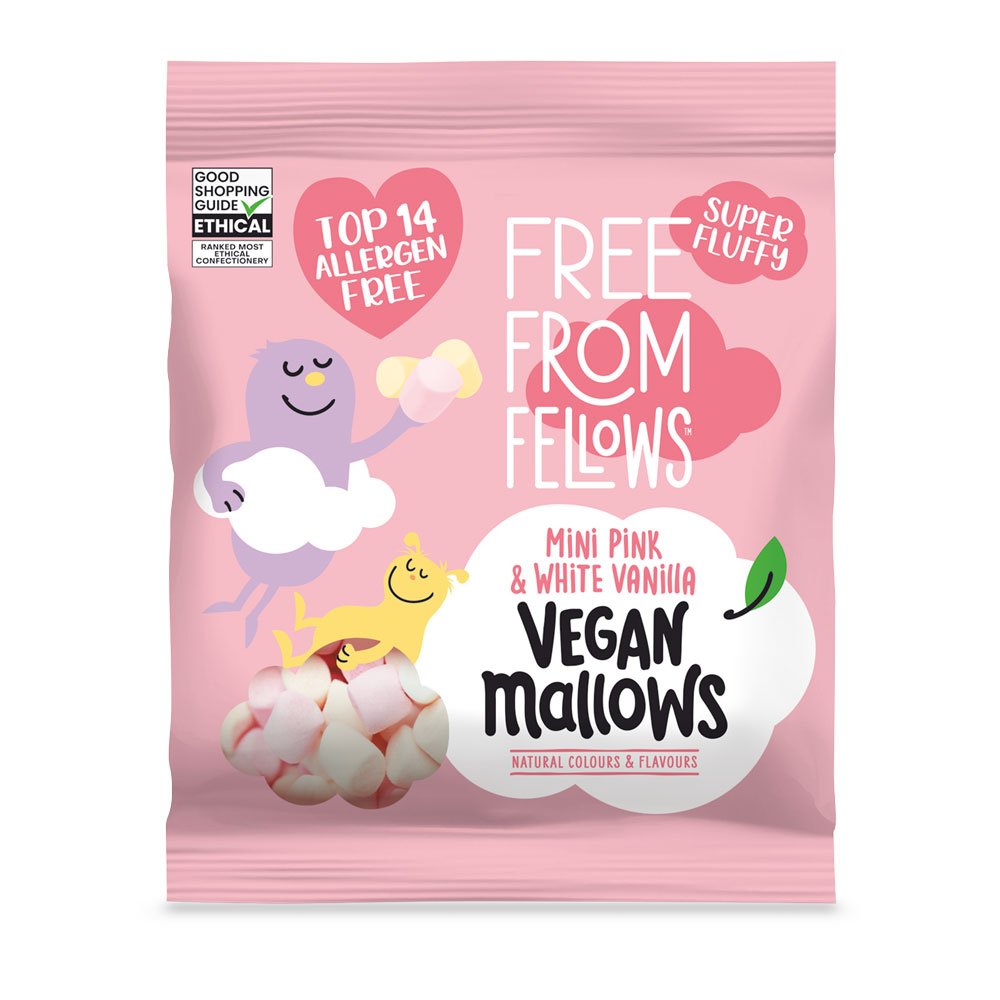 Mini Pink & White Vanilla Vegan Mallows Free From Fellows 10x105g Mini Pink & White Vanilla Vegan Mallows Free From Fellows 10x105g