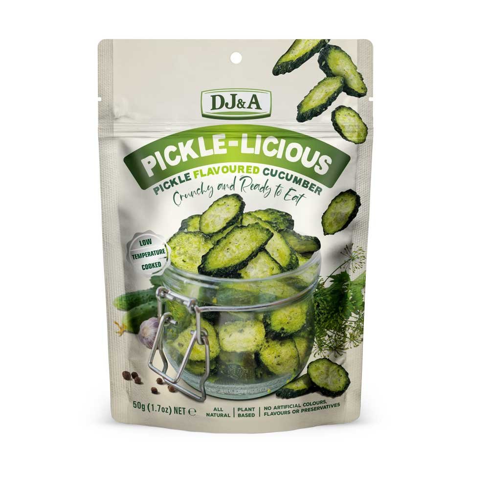 Pickle-Licious - Pickle Flavoured Cucumber Crisps DJ&A 50g Pickle-Licious - Pickle Flavoured Cucumber Crisps DJ&A 50g