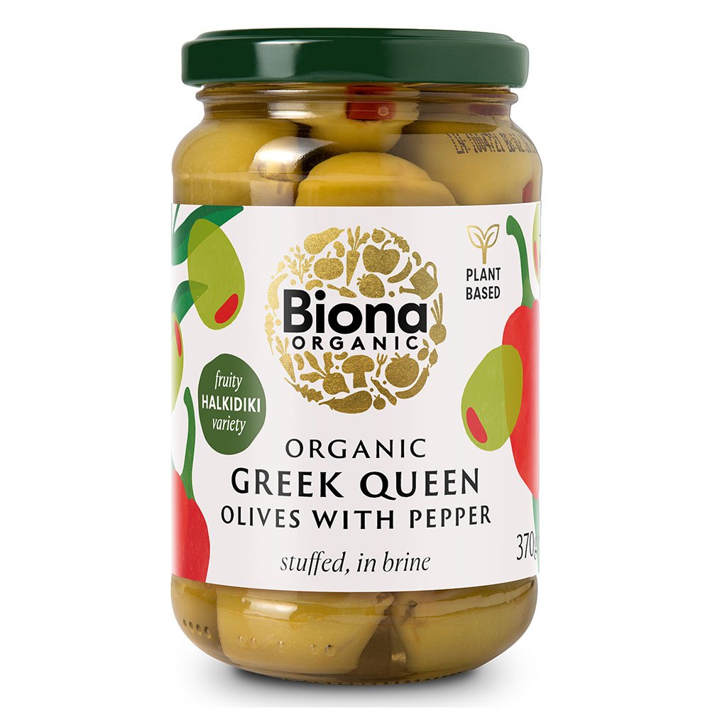 Organic Greek Queen Green Olives stuffed with pepper in brine Biona 370g Organic Greek Queen Green Olives stuffed with pepper in brine Biona 370g
