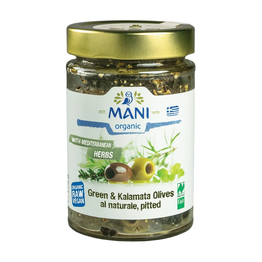 Organic Mixed pitted olives al naturale with herbs Mani 6x175g