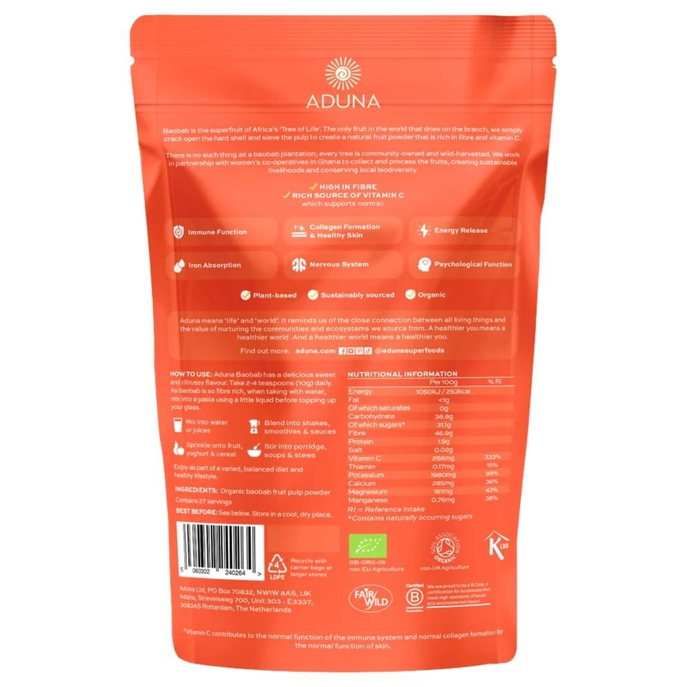 Organic Baobab - fruit pulp powder - pouch - single Aduna 1x275g Organic Baobab - fruit pulp powder - pouch - single Aduna 1x275g