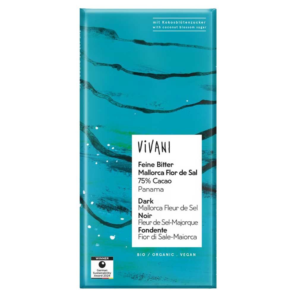 Organic Fine Dark Mallorca Fleur de Sel 75% Chocolate Vivani 80g Organic Fine Dark Mallorca Fleur de Sel 75% Chocolate Vivani 80g