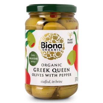 Organic Greek Queen Green Olives stuffed with pepper in brine Biona 6x370g Organic Greek Queen Green Olives stuffed with pepper in brine Biona 6x370g