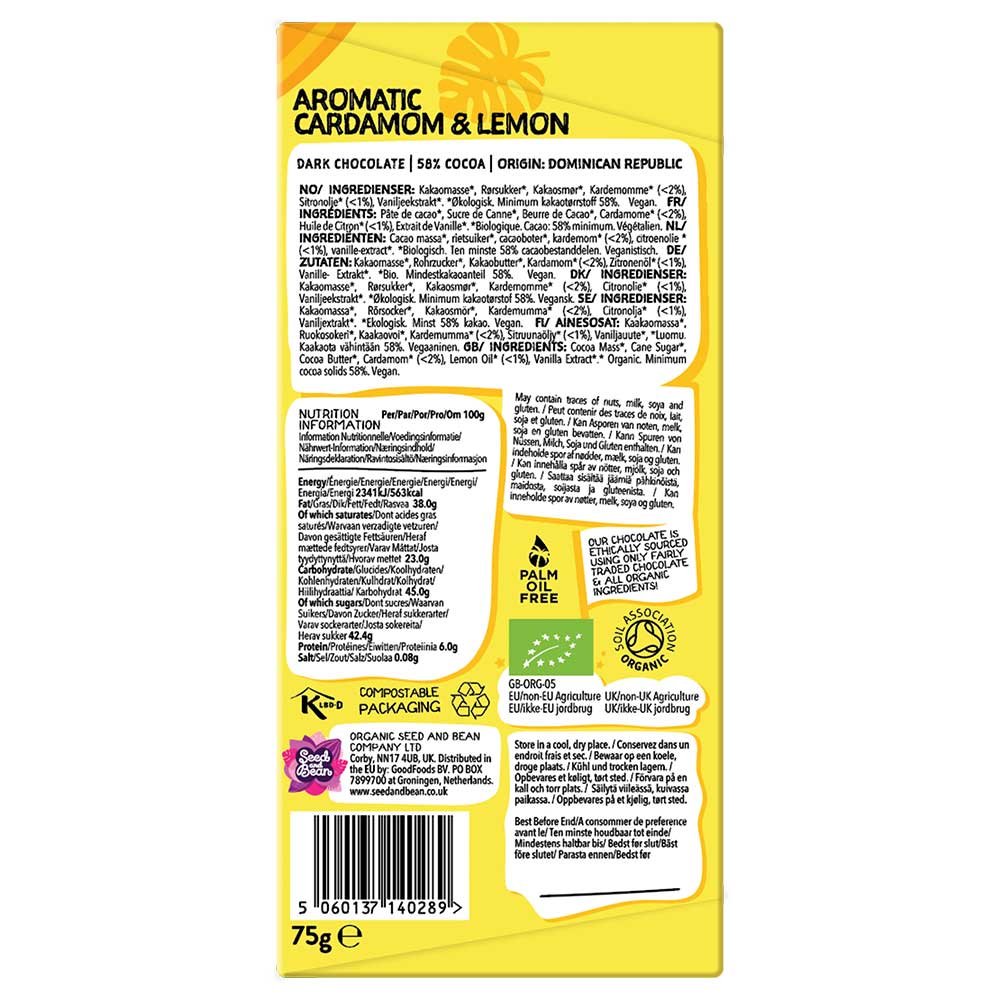 Organic Aromatic Cardamon & Lemon Dark Chocolate Bar - 58% Seed & Bean 75g
