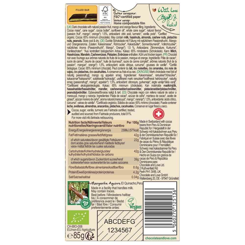 Organic Passion Fruit Filled Bar - Dark Choc 65% Chocolate and Love 12x85g Organic Passion Fruit Filled Bar - Dark Choc 65% Chocolate and Love 12x85g