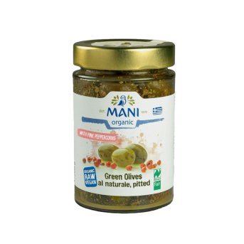 Organic Green olives al naturale with pink peppercorns Mani 205g
