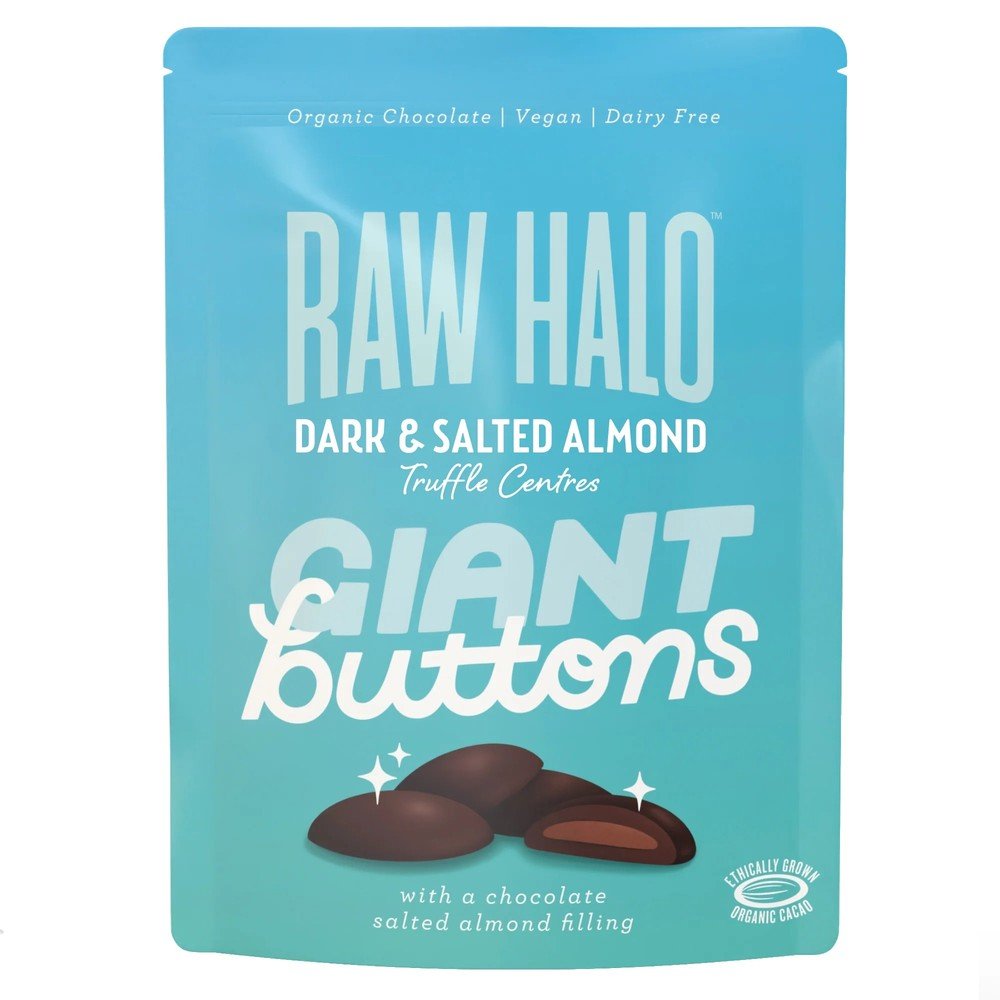 Organic Dark & Salted Almond Giant Buttons Raw Halo 8x90g Organic Dark & Salted Almond Giant Buttons Raw Halo 8x90g