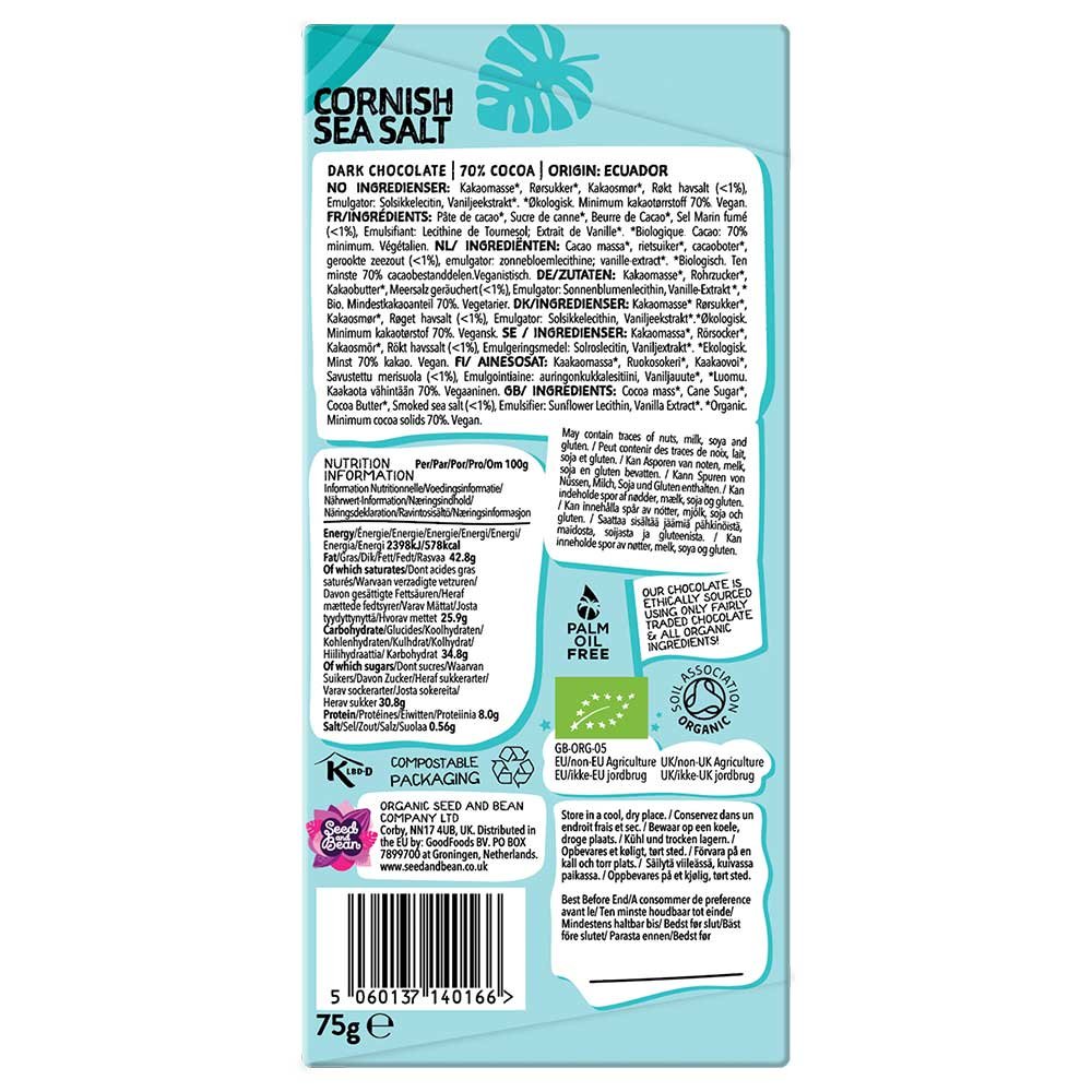 Organic Cornish Sea Salt Ecuadorian Dark Bar - 70% Seed & Bean 75g