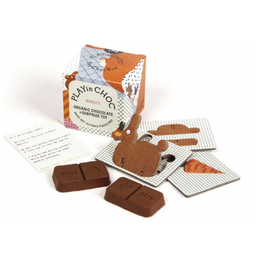 Organic Rabbits 3d puzzle toy with chocolate PLAYin CHOC 50g Organic Rabbits 3d puzzle toy with chocolate PLAYin CHOC 50g