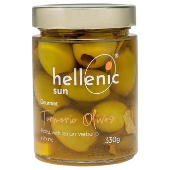 Turmeric Olives with Lemon Verbena - pitted in brine Hellenic Sun 6x330g