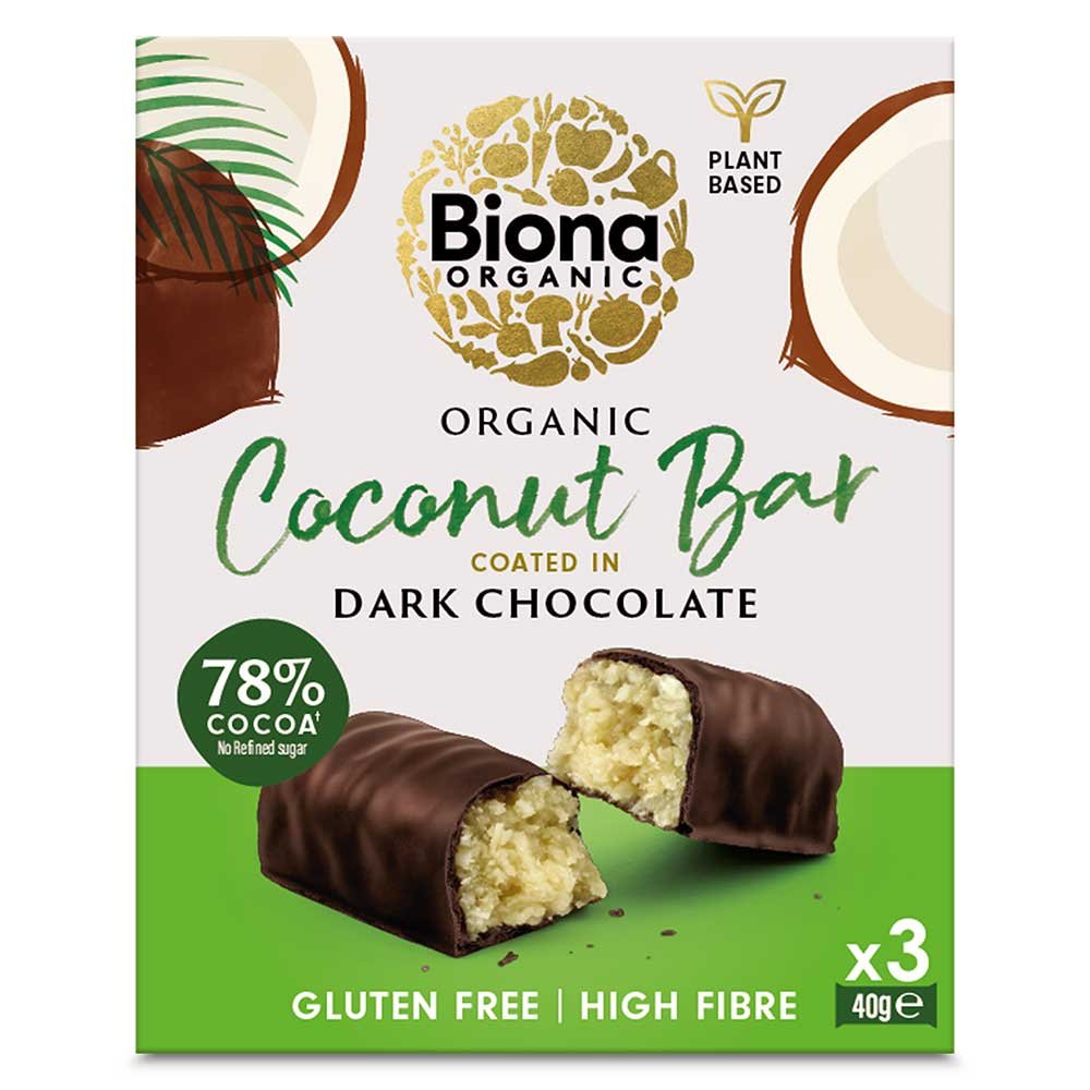 Organic Coconut Bar coated in dark chocolate - multipack Biona 3x40g