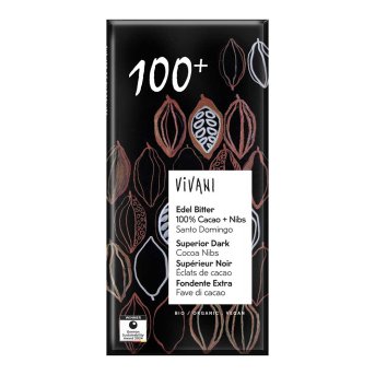 Organic Superior Dark 100% + cocoa nibs Chocolate Vivani 80g